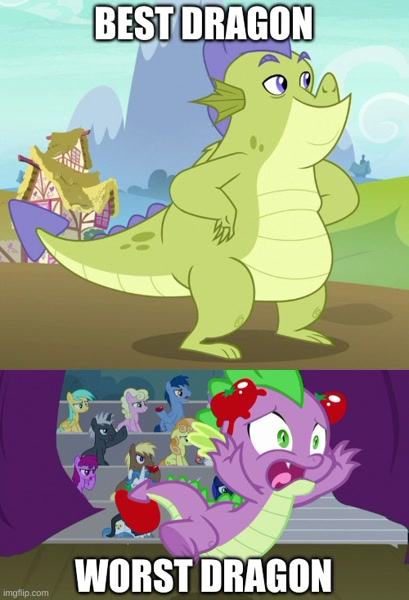 Size: 409x600 | Tagged: safe, derpibooru import, edit, edited screencap, screencap, sludge (dragon), spike, dragon, father knows beast, horse play, abuse, booing, food, go to sleep sludge, image, jpeg, male, op is a duck, spikeabuse, spikeposting, stage, tomato, tomatoes