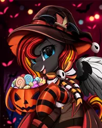 Size: 2550x3209 | Tagged: safe, artist:pridark, derpibooru import, part of a set, oc, pegasus, pony, bucket, candy, clothes, commission, costume, female, food, halloween, hat, high res, holiday, image, jack-o-lantern, mare, open mouth, part of a series, pegasus oc, png, pumpkin, pumpkin bucket, socks, solo, striped socks, wings, witch hat, ych result