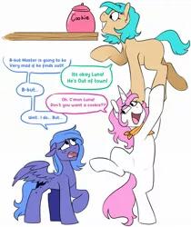 Size: 1767x2103 | Tagged: safe, artist:redxbacon, derpibooru import, princess celestia, princess luna, oc, oc:princess vita, earth pony, pegasus, pony, unicorn, carrying, cewestia, cookie, cookie jar, cookie thief, featureless crotch, female, filly, food, image, jpeg, open mouth, open smile, smiling, woona, worried, younger
