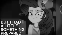 Size: 1280x720 | Tagged: safe, derpibooru import, edit, edited screencap, editor:quoterific, screencap, rarity, equestria girls, equestria girls series, rarity investigates: the case of the bedazzled boot, black and white, female, grayscale, image, jpeg, monochrome, rarity investigates (eqg): trixie, smiling, smirk, solo