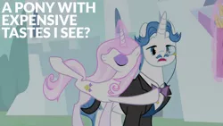 Size: 1280x720 | Tagged: safe, derpibooru import, edit, edited screencap, editor:quoterific, screencap, fancypants, fleur-de-lis, pony, unicorn, season 2, sweet and elite, eyes closed, female, image, jpeg, magic, male, mare, open mouth, smiling, stallion, telekinesis