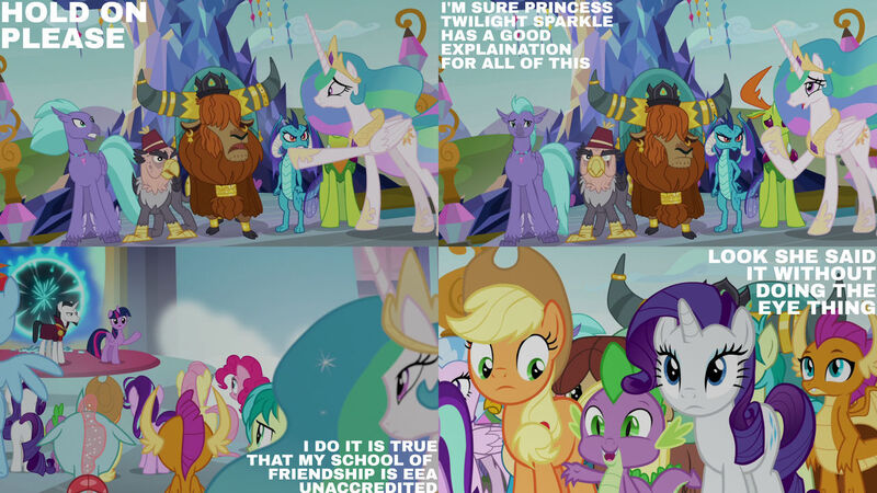 Size: 1280x720 | Tagged: safe, derpibooru import, edit, edited screencap, editor:quoterific, screencap, applejack, chancellor neighsay, fluttershy, gallus, ocellus, pinkie pie, prince rutherford, princess celestia, princess ember, rainbow dash, rarity, sandbar, silverstream, smolder, spike, thorax, twilight sparkle, twilight sparkle (alicorn), yona, alicorn, dragon, earth pony, gryphon, hippogriff, pegasus, pony, unicorn, yak, school daze, season 8, spoiler:s08, applejack's hat, cowboy hat, crown, female, hat, image, jewelry, jpeg, male, mane seven, mane six, mare, open mouth, regalia, school of friendship, stallion, student six, twilight's castle