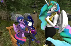 Size: 3361x2160 | Tagged: safe, artist:rainsstudio, derpibooru import, princess celestia, princess luna, twilight sparkle, alicorn, anthro, plantigrade anthro, 3d, alternate hairstyle, bench, clothes, crossed legs, friendship journal, hand on chest, image, mlp fim's eleventh anniversary, nexgen, pants, park, png, shorts, short shirt, sitting, source filmmaker, wings, yoga pants