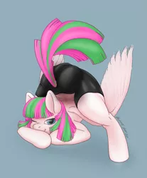 Size: 2735x3302 | Tagged: suggestive, alternate version, artist:pepperoach, derpibooru import, blossomforth, pegasus, pony, backbend, clothes, contortionist, face down ass up, female, flexible, image, jacko challenge, mare, meme, one eye closed, pants, png, solo, solo female, that pony sure is flexible, yoga pants