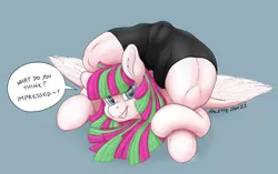 Size: 4768x2987 | Tagged: suggestive, alternate version, artist:pepperoach, derpibooru import, blossomforth, pegasus, pony, backbend, cameltoe, clothes, contortionist, female, flexible, image, mare, monochrome, pants, png, solo, solo female, that pony sure is flexible, yoga pants