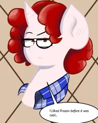 Size: 600x752 | Tagged: safe, artist:tranzmuteproductions, derpibooru import, oc, oc:jess, unofficial characters only, pony, unicorn, abstract background, bust, clothes, glasses, horn, image, png, solo, talking, unamused, unicorn oc
