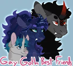 Size: 640x576 | Tagged: safe, artist:harpsealz, derpibooru import, king sombra, princess luna, stygian, pony, unicorn, alternate design, best friends, blue background, cheek fluff, chin fluff, digital drawing, ear fluff, ethereal mane, eyebrows, eyebrows visible through hair, fangs, glow, goth, horn, image, lidded eyes, male, png, prince artemis, rule 63, simple background, smiling, smirk, stallion, starry mane, trio male, tumblr, watermark