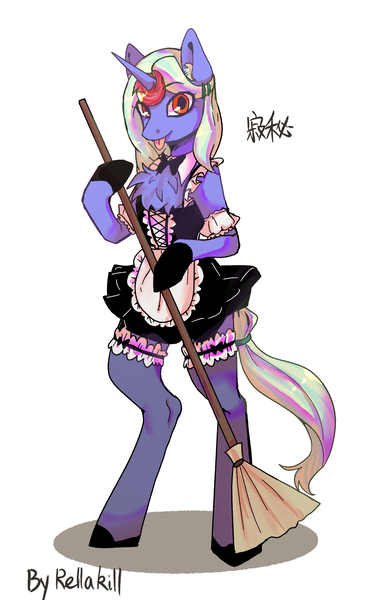 Size: 1292x2048 | Tagged: safe, artist:rellakill, derpibooru import, oc, oc:serene secrets, semi-anthro, unicorn, broom, chest fluff, chinese text, clothes, crossdressing, derpibooru exclusive, horn, image, maid, male, moon runes, png, simple background, standing up, tongue out, unicorn oc