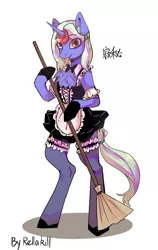 Size: 1292x2048 | Tagged: safe, artist:rellakill, derpibooru import, oc, oc:serene secrets, semi-anthro, unicorn, broom, chest fluff, chinese text, clothes, crossdressing, derpibooru exclusive, horn, image, maid, male, moon runes, png, simple background, standing up, tongue out, unicorn oc