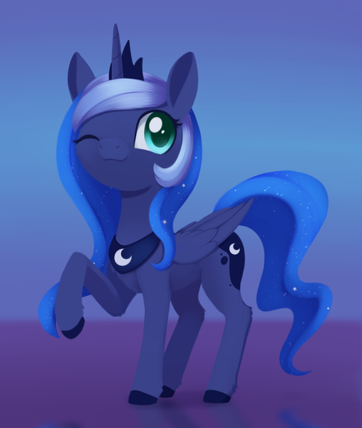 Size: 994x1174 | Tagged: safe, artist:dusthiel, derpibooru import, princess luna, pony, image, one eye closed, png, ponytober, raised hoof, solo, wink