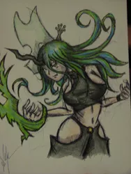 Size: 1200x1600 | Tagged: safe, artist:zumilian, derpibooru import, queen chrysalis, human, blurry, breasts, busty queen chrysalis, clothes, commission, female, horn, horned humanization, humanized, image, jpeg, magic, pose, solo, traditional art, winged humanization, wings