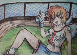 Size: 1600x1137 | Tagged: safe, artist:zumilian, derpibooru import, human, clothes, female, humanized, image, jpeg, midriff, open mouth, shoes, shorts, sitting, socks, solo, sports outfit, tanktop, track and field, traditional art, water bottle, winged humanization, wings
