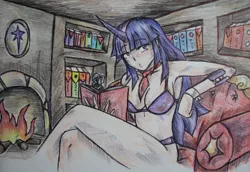 Size: 1600x1100 | Tagged: suggestive, artist:zumilian, derpibooru import, twilight sparkle, human, book, bookshelf, bra, breasts, busty twilight sparkle, clothes, couch, crossed legs, female, fire, fireplace, horn, horned humanization, humanized, image, jpeg, looking at you, necktie, panties, reading, solo, solo female, traditional art, underwear
