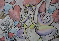 Size: 1600x1121 | Tagged: suggestive, artist:zumilian, derpibooru import, princess cadance, human, absolute cleavage, armpits, arrow, bikini, bow (weapon), breasts, bubble, busty princess cadance, cherub, cleavage, clothes, female, heart, heart arrow, horn, horned humanization, humanized, image, jpeg, looking at you, open mouth, open smile, smiling, solo, solo female, swimsuit, traditional art, winged humanization, wings