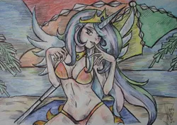 Size: 1600x1132 | Tagged: suggestive, artist:zumilian, derpibooru import, princess celestia, human, absolute cleavage, beach, beach towel, beach umbrella, bikini, breasts, busty princess celestia, cleavage, clothes, female, finger to mouth pose, horn, horned humanization, humanized, image, jewelry, jpeg, regalia, solo, solo female, sun, swimsuit, towel, traditional art, umbrella, winged humanization, wings