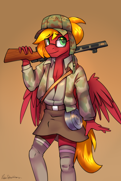 Size: 2000x3000 | Tagged: safe, artist:jedayskayvoker, derpibooru import, oc, oc:moonatik, anthro, pegasus, pony, clothes, crossdressing, crossover, cute, gradient background, gun, image, jacket, looking at you, male, png, ppsh-41, skirt, socks, solo, stallion, stockings, thigh highs, weapon