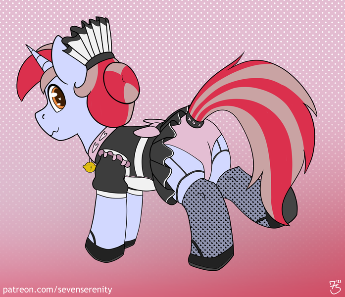 Size: 2269x1952 | Tagged: safe, artist:sevenserenity, derpibooru import, oc, oc:lil'cinnamon, unofficial characters only, pony, clothes, crossdressing, cute, dress, image, maid, outfit, patreon, patreon reward, png