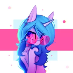 Size: 1228x1228 | Tagged: safe, artist:justafallingstar, derpibooru import, izzy moonbow, pony, unicorn, abstract background, bust, choker, colored sketch, female, g5, glasses, image, mare, piercing, png, portrait, sketch, smiling, solo, solo female