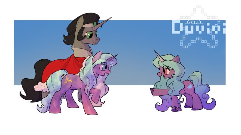 Size: 3333x1875 | Tagged: safe, artist:duvivi, derpibooru import, idw, izzy moonbow, king sombra, radiant hope, pony, unicorn, g5, good king sombra, image, jpeg, smiling