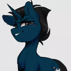 Size: 1413x1413 | Tagged: safe, artist:kei kun, derpibooru import, oc, oc:slashing prices, unofficial characters only, pony, unicorn, bust, cowlick, cutie mark, ear fluff, eyebrows, grin, horn, image, male, png, simple background, smiling, smug, solo, stallion, unicorn oc, white background