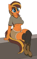 Size: 1400x2200 | Tagged: suggestive, artist:ponynamedmixtape, derpibooru import, oc, oc:cassette, oc:mixtape, unofficial characters only, anthro, earth pony, unguligrade anthro, boots, breasts, clothes, crossed legs, female, image, midriff, png, shoes, short shirt, simple background, sitting, socks, solo, transparent background, underboob