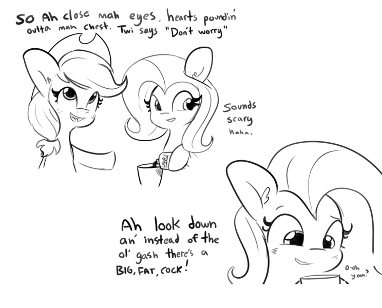 Size: 4412x3557 | Tagged: suggestive, artist:tjpones, derpibooru import, applejack, fluttershy, earth pony, pegasus, pony, comic:making the most, alcohol, appleshy, black and white, comic, dialogue, female, grayscale, image, implied futa, lesbian, lineart, mare, monochrome, png, shipping, simple background, white background