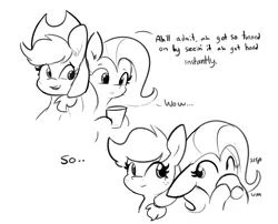 Size: 4412x3557 | Tagged: suggestive, artist:tjpones, derpibooru import, applejack, fluttershy, earth pony, pegasus, pony, comic:making the most, alcohol, appleshy, black and white, comic, dialogue, drink, drinking, female, grayscale, image, implied erection, implied futa, lesbian, lineart, mare, monochrome, png, shipping, simple background, white background