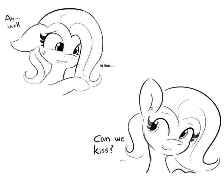 Size: 4412x3557 | Tagged: safe, artist:tjpones, derpibooru import, fluttershy, pegasus, pony, comic:making the most, belly button, black and white, blushing, comic, dialogue, explicit source, female, floppy ears, grayscale, image, implied appleshy, implied lesbian, implied shipping, lineart, mare, monochrome, png, simple background, solo, spread legs, spreading, white background