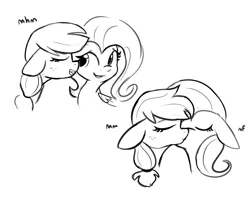 Size: 4412x3557 | Tagged: safe, artist:tjpones, derpibooru import, applejack, fluttershy, earth pony, pegasus, pony, comic:making the most, appleshy, belly button, black and white, bust, comic, dialogue, explicit source, eyes closed, female, floppy ears, grayscale, image, intersex, kissing, lesbian, lineart, mare, monochrome, png, shipping, simple background, white background