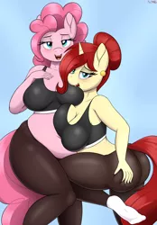 Size: 2440x3500 | Tagged: suggestive, artist:an-tonio, derpibooru import, pinkie pie, oc, oc:golden brooch, anthro, earth pony, unicorn, ass, bedroom eyes, breasts, busty golden brooch, busty pinkie pie, butt, chubby, cleavage, clothes, image, pants, png, tanktop, yoga pants