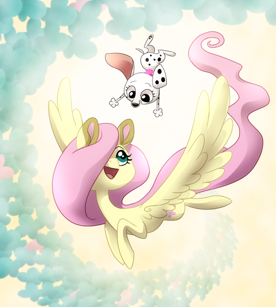 Size: 1000x1114 | Tagged: safe, artist:miles, artist:themiles, derpibooru import, fluttershy, butterfly, dalmatian, dog, insect, pegasus, pony, 101 dalmatian street, 101 dalmatians, colored ears, destiny (101 dalmatian street), duo, female, flying, hair over one eye, head turned, image, looking at each other, looking at someone, looking up, mare, midair, my little pony, open mouth, open smile, png, smiling, spread wings, wings