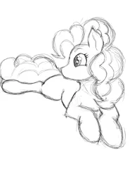Size: 3024x4032 | Tagged: safe, artist:dbzxking, derpibooru import, pinkie pie, earth pony, pony, absurd resolution, curious, cute, cute eyes, diapinkes, female, image, interested, looking sideways, lying down, missing cutie mark, monochrome, no mouth, png, simple background, sketch, solo, white background
