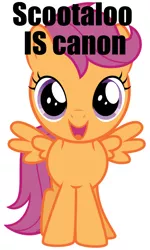 Size: 769x1280 | Tagged: safe, derpibooru import, scootaloo, pegasus, pony, (x) doubt, captain obvious, caption, cute, cutealoo, female, filly, front view, happy, i want to believe, image, jpeg, op is right, open mouth, open smile, purple eyes, simple background, small wings, smiling, solo, spread wings, tail, text, white background, wings, you don't say