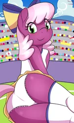 Size: 2101x3500 | Tagged: safe, artist:an-tonio, artist:tolpain, derpibooru import, cheerilee, anthro, earth pony, cheerileeder, cheerleader, cheerleader outfit, clothes, collaboration, image, outdoors, panties, panty shot, png, stadium, underwear, younger