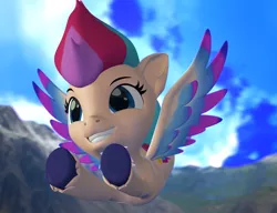 Size: 1402x1079 | Tagged: safe, artist:aleshi, derpibooru import, zipp storm, fly, insect, pegasus, pony, spoiler:g5, 3d, flying, g5, image, mountain, png, sky, smiling, solo, source filmmaker