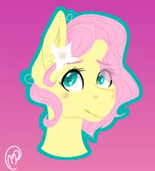 Size: 2000x2200 | Tagged: dead source, safe, artist:ivinity-art, derpibooru import, fluttershy, pony, alternate hairstyle, blushing, bust, ear fluff, female, flower, flower in hair, green outline, heart eyes, high res, image, looking at you, mare, outline, pink background, png, portrait, short mane, simple background, smiling, solo, three quarter view, wingding eyes