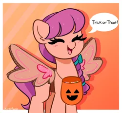 Size: 4264x3960 | Tagged: safe, artist:kittyrosie, derpibooru import, sunny starscout, earth pony, pony, my little pony: a new generation, spoiler:my little pony: a new generation, blushing, cardboard box, cute, eyes closed, fake wings, female, g5, halloween, happy, holiday, image, mare, open mouth, open smile, png, pumpkin bucket, smiling, sunnybetes, trick or treat