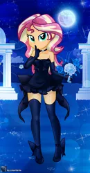 Size: 653x1253 | Tagged: safe, artist:charliexe, derpibooru import, sunset shimmer, equestria girls, bedroom eyes, choker, clothes, dress, evening gloves, female, full moon, gloves, halloween, high heels, holiday, image, jpeg, long gloves, moon, shoes, socks, solo, stockings, thigh highs, wedding dress