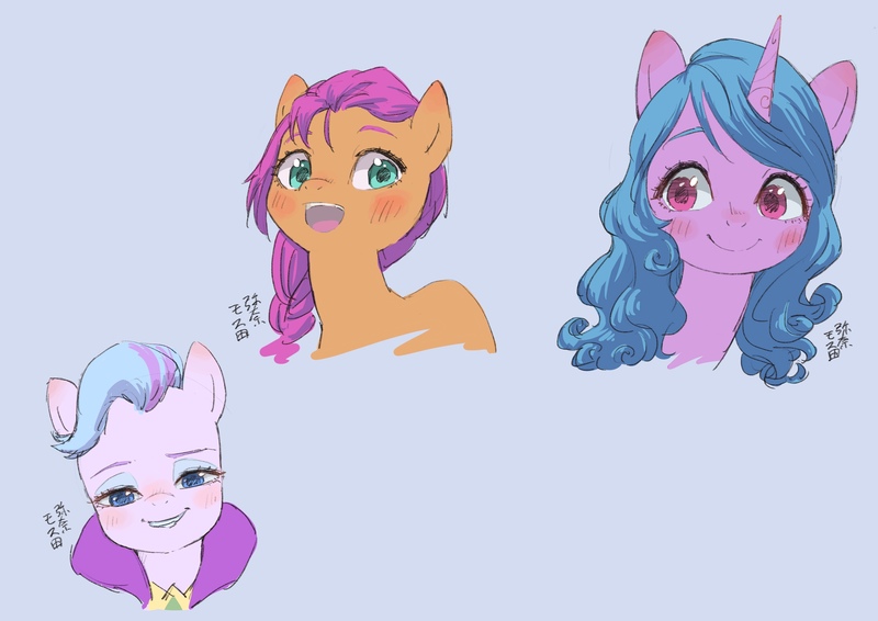 Size: 4093x2894 | Tagged: safe, artist:yanamosuda, derpibooru import, izzy moonbow, queen haven, sunny starscout, pony, my little pony: a new generation, blushing, bust, female, g5, high res, image, jpeg, mare, open mouth, portrait, smiling, trio