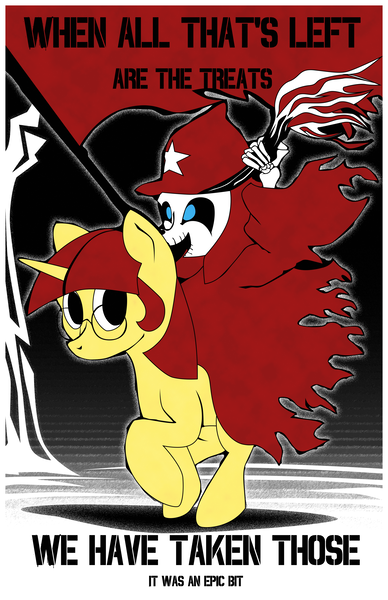 Size: 3300x5100 | Tagged: safe, artist:aaronmk, derpibooru import, skellinore, oc, oc:lefty pony, the break up breakdown, communism, flag, image, png, text, torch