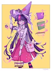 Size: 1600x2200 | Tagged: safe, artist:shpr0ta, derpibooru import, twilight sparkle, human, book, clothes, cutie mark accessory, dress, ear piercing, earring, female, flower, hat, humanized, image, jewelry, levitation, magic, magic wand, piercing, png, satchel, scroll, smiling, solo, telekinesis, witch hat