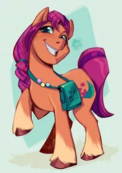 Size: 2480x3508 | Tagged: safe, artist:kaola_rivas, derpibooru import, sunny starscout, earth pony, pony, female, g5, high res, image, jpeg, mare, pin, satchel, smiling, solo
