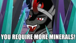 Size: 600x338 | Tagged: safe, derpibooru import, edit, edited screencap, screencap, king sombra, tree of harmony, pony, the beginning of the end, caption, crystal, image, image macro, male, meme, png, smug, solo, stallion, starcraft, text, that pony sure does love crystals, troll