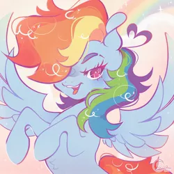Size: 1700x1700 | Tagged: safe, artist:poofu_, derpibooru import, rainbow dash, pegasus, pony, cute, cutie mark eyes, dashabetes, female, hair over one eye, image, jpeg, mare, open mouth, rainbow, rearing, solo, spread wings, wingding eyes, wings