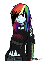 Size: 1446x2039 | Tagged: safe, artist:tacoman dusct, derpibooru import, rainbow dash, equestria girls, angry, belts, black, black hair, black shirt, choker, clothes, emo, emo rainbow dash, emo scene, hoodie, image, png, simple background, solo