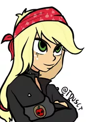 Size: 2039x2893 | Tagged: safe, artist:tacoman dusct, derpibooru import, applejack, equestria girls, black, choker, clothes, headband, image, jacket, leather jacket, makeup, metalhead, png, simple background, smiling, solo