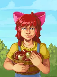 Size: 882x1200 | Tagged: safe, artist:lexx2dot0, derpibooru import, apple bloom, human, apple, apple basket, basket, food, humanized, image, jpeg, looking at you, solo