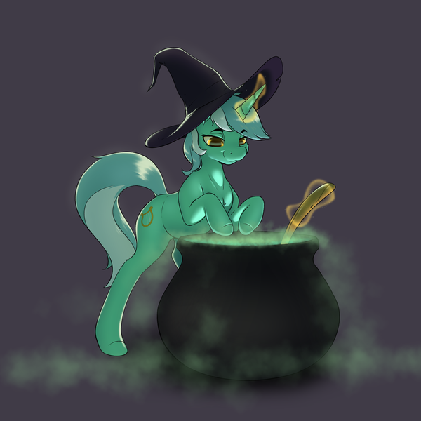 Size: 3050x3050 | Tagged: safe, artist:aquaticvibes, derpibooru import, lyra heartstrings, pony, unicorn, cauldron, glow, glowing horn, halloween, hat, holiday, horn, image, png, spoon, witch hat