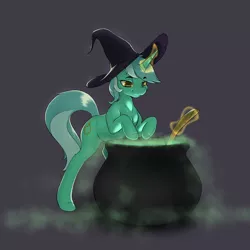 Size: 3050x3050 | Tagged: safe, artist:aquaticvibes, derpibooru import, lyra heartstrings, pony, unicorn, cauldron, glow, glowing horn, halloween, hat, holiday, horn, image, png, spoon, witch hat