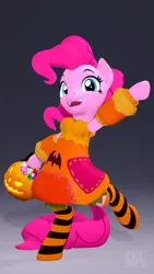 Size: 2160x3840 | Tagged: safe, artist:owlpirate, derpibooru import, pinkie pie, earth pony, pony, semi-anthro, 3d, candy, clothes, costume, food, gradient background, image, open mouth, png, pumpkin bucket, pumpkin costume, simple background, socks, source filmmaker, striped socks